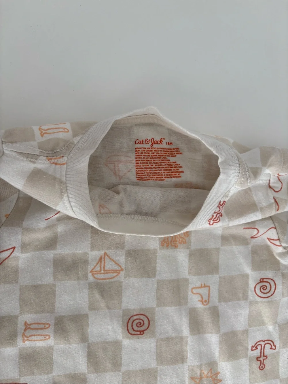 Cat & Jack Beige Checkerboard Tee with Coral Icons and Burgundy Leggings Set 18M